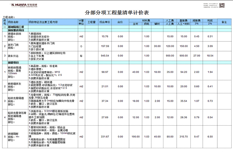 制定分部分項工程明細報價表